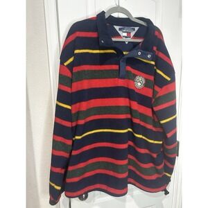 Vtg 90s Tommy Hilfiger 2XL Striped Snap T Fleece Pullover Oversized Crest Logo
